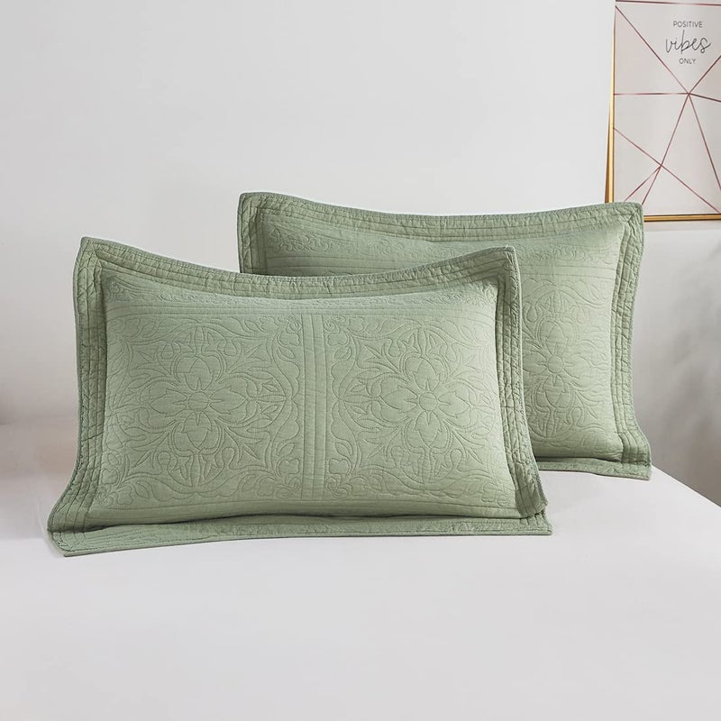 WINLIFE 100% Cotton Quilt Bedspread Sets Embroidered Floral Printed Coverlets American Pastoral Matelasse Bedspread, Matched 2 Pillow Shams, King, Green - Image 4